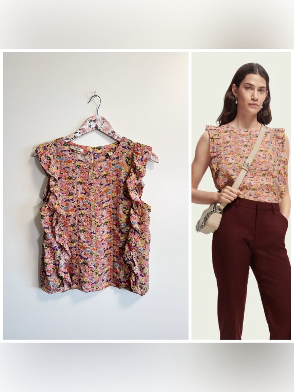 SCOTCH & SODA Structured Tank Top With Ruffle Floral Size Medium M Pink